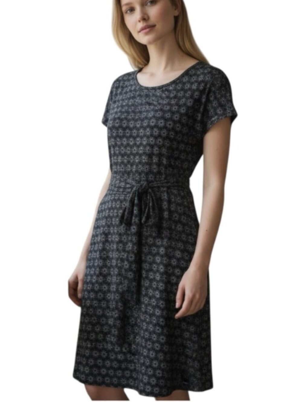 Toad & Co Cue Wrap Short Sleeve Dress S Black Starburst Organic Cotton Pockets